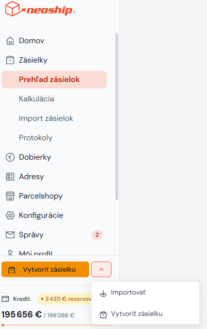 Tlačidlo Vytvoriť zásielku a možnosť Importovať na ľavej lište