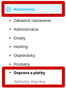 Nastavenia – Doprava a platby – Spôsoby dopravy