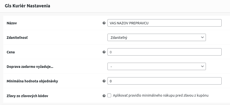 Premenovanie kuriéra a nastavenie ceny