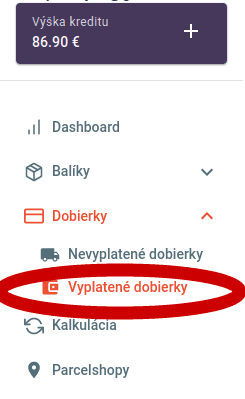 Zoznam vyplatených dobierok v ľavom menu Neoshipu