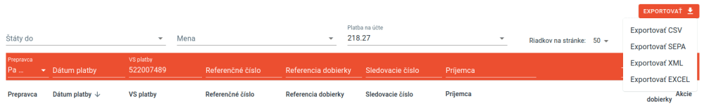 Voľba exportu SEPA XML súboru v Neoshipe