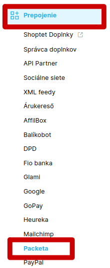 Prepojenie Packeta v administrácii Shoptetu