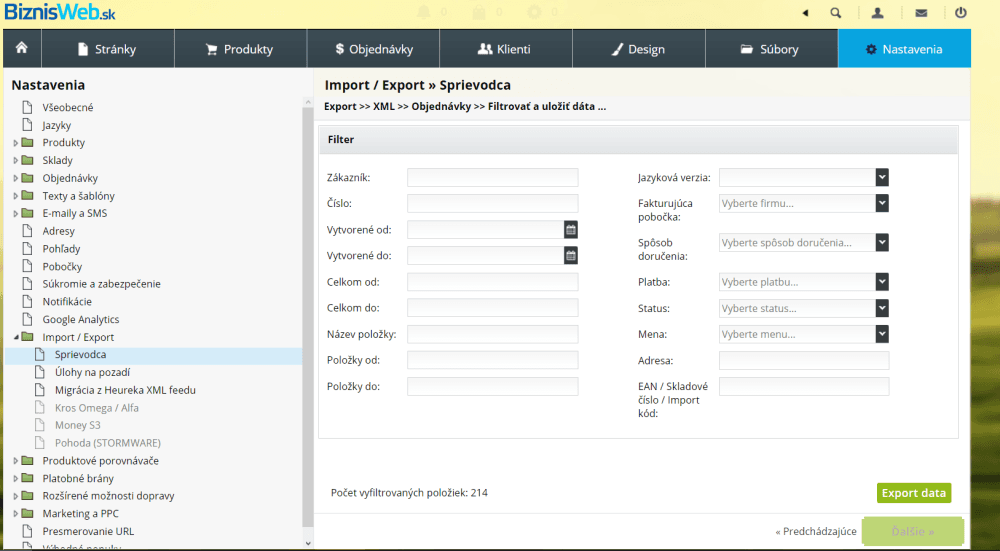 Filter dátumu a EXPORT DATA