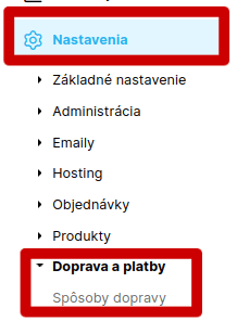 Nastavenia – Doprava a platby – Spôsoby dopravy