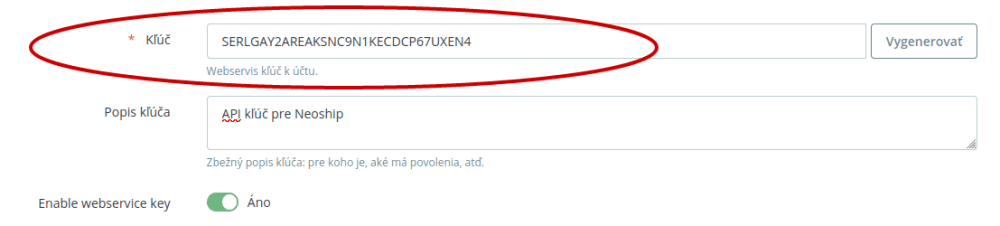 Vygenerovaný API klíč