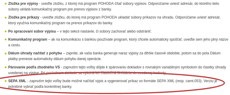 Jednotlivé položky v agende Homebanking v POHODE