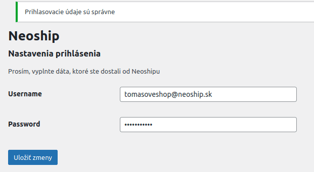 Potvrdzujúca hláška o správnych prihlasovacích údajoch
