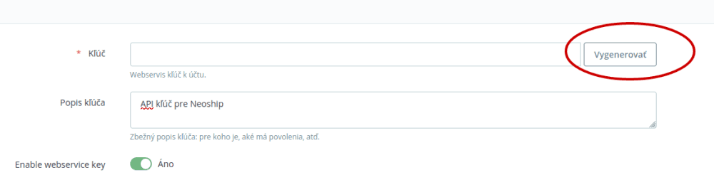 Vygenerování API klíče