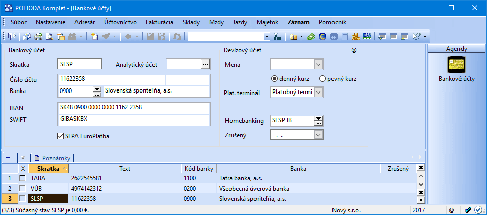 Agenda Bankové účty s nastavením homebankingovej služby