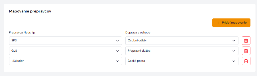Nastavení konektoru a mapování přepravců