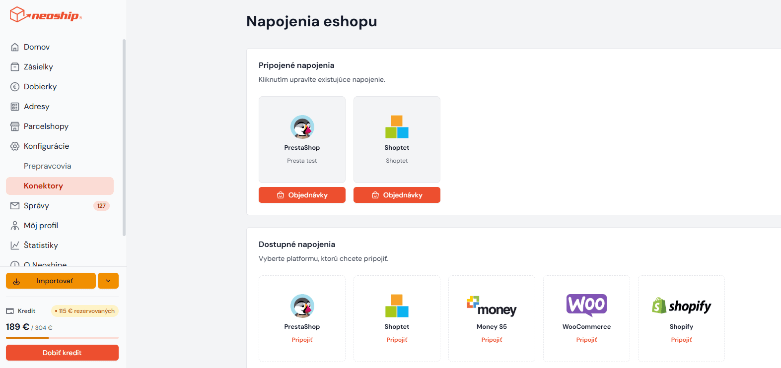 Konfigurace – Konektory na levé liště v Neoshipu