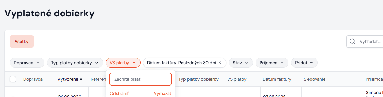 Filtr vyplacených dobírek podle variabilního symbolu