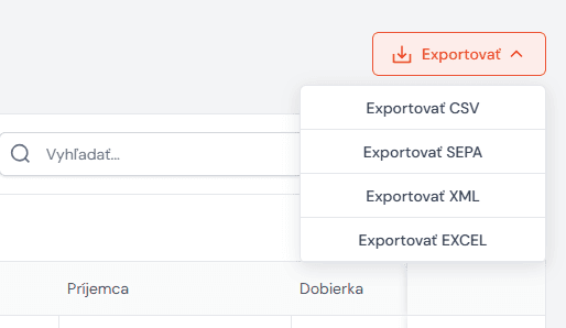 Volba exportu SEPA XML souboru v Neoshipu