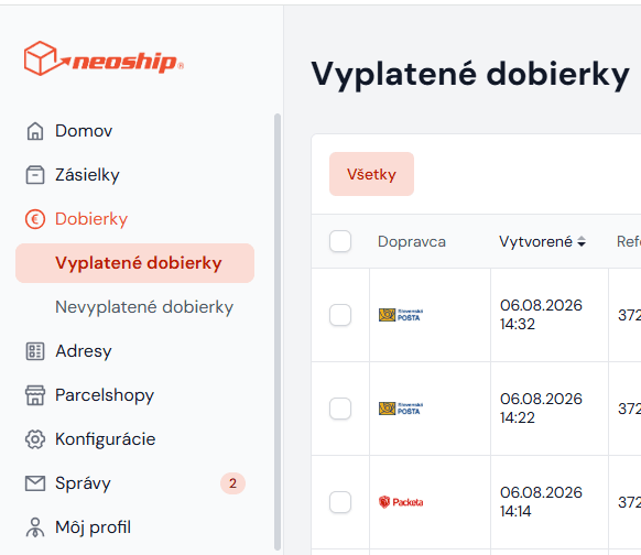 Seznam vyplacených dobírek v levém menu Neoshipu