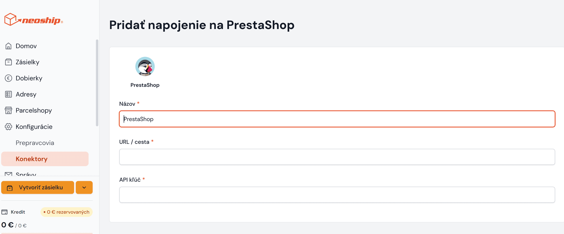 Přidat napojení na PrestaShop – název, URL a API klíč