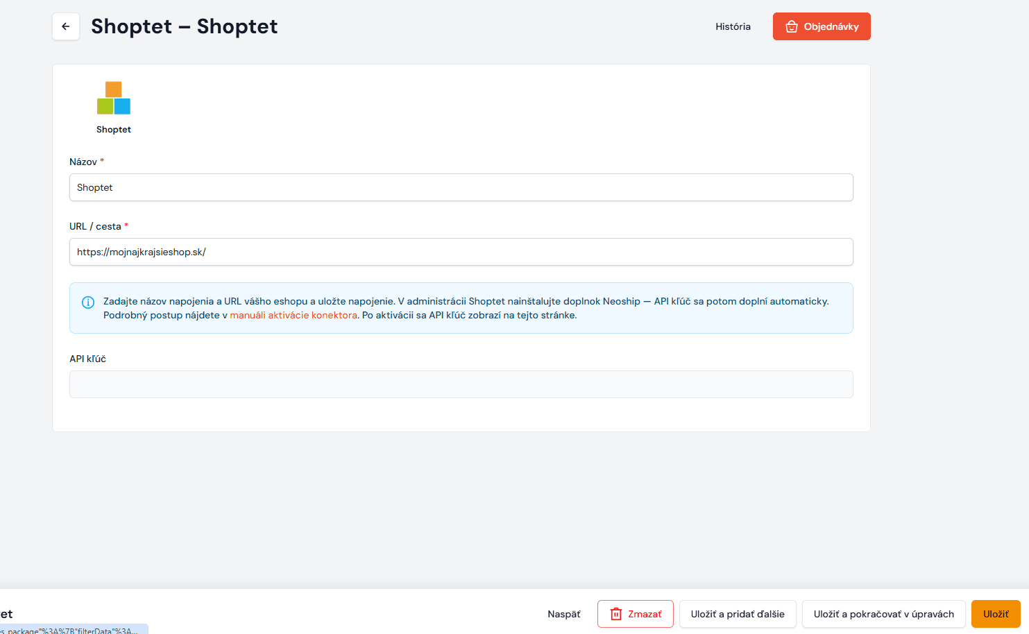 Neue Shoptet-Anbindung – Name, URL und Speichern