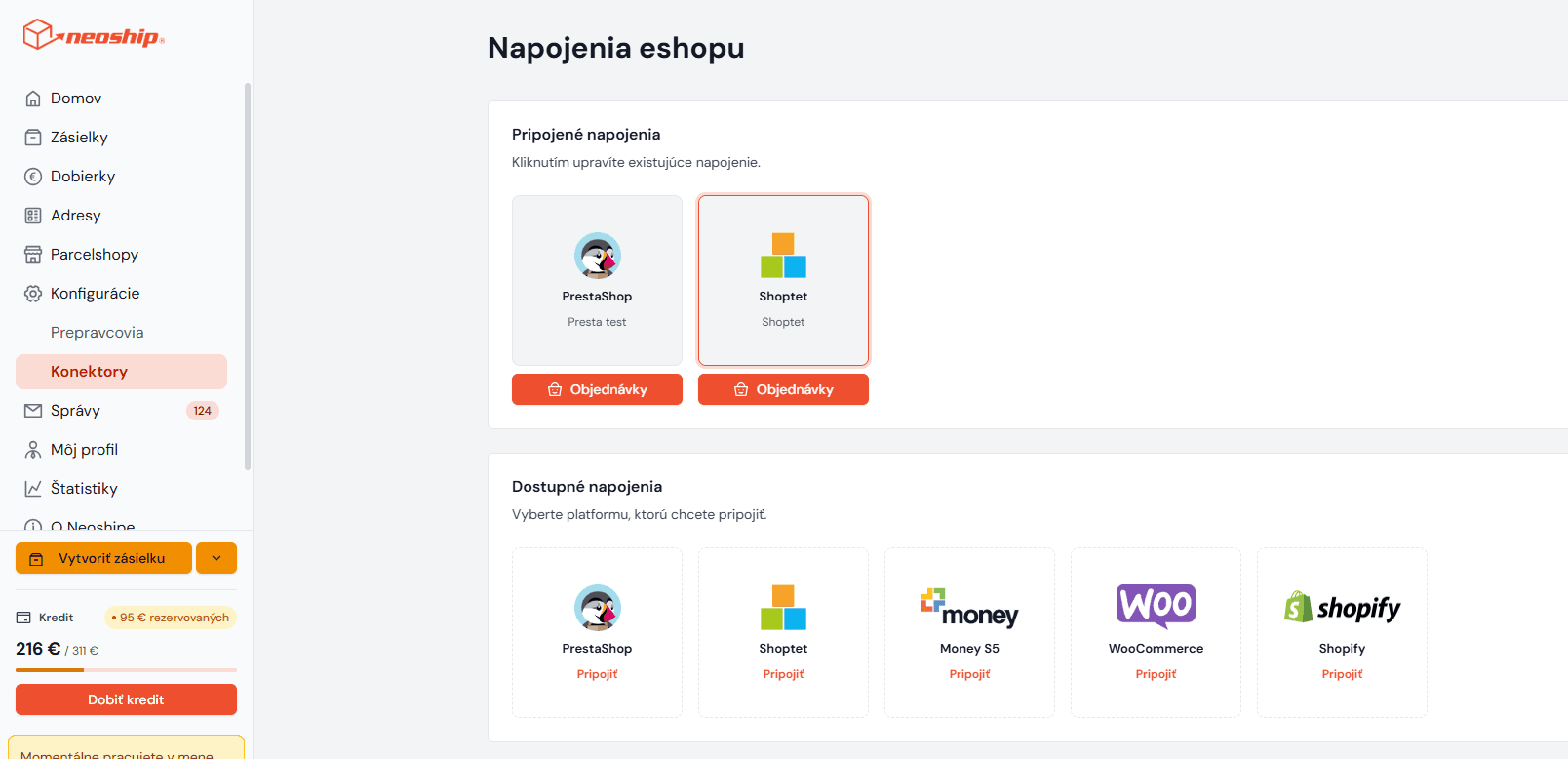 Pripojené napojenie Shoptet v Konektoroch